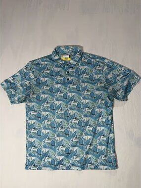 Nicklaus Tropical Blue Toucan Bird Print Polo Shirt Size Large